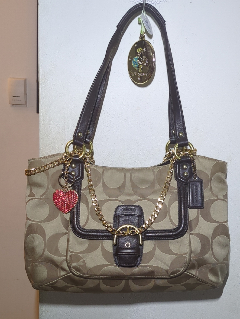 Coach Beige Signature Canvas Shoulder Bag with Brown Trim and Gold Hardware $75